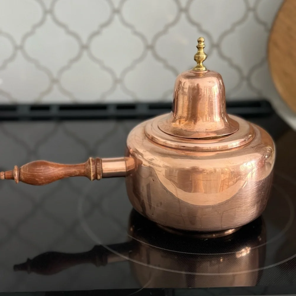 Vintage Copper Coffee  Pot With Side Wooden Handle bell on Top  Mexico